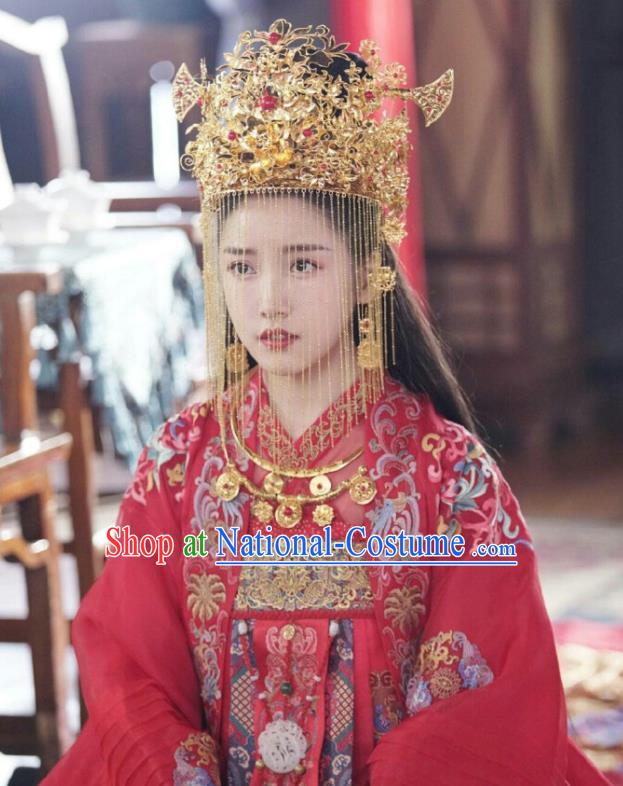 Chinese Ancient Prince Yu Shengyou Wedding Hanfu Dress Historical Drama Lovely Swords Girl Costume and Headpiece for Women