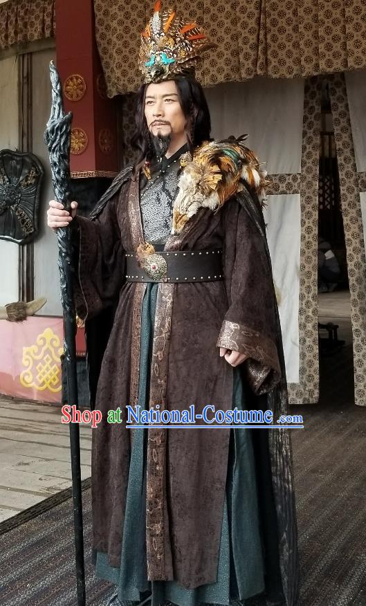 Drama Sword Dynasty Chinese Ancient King Zhan Moke Costume and Headpiece Complete Set