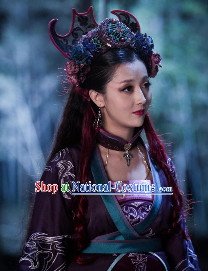 Chinese Ancient Demon Queen Mu Ziling Purple Dress Historical Drama Demon Catcher Costume and Headpiece for Women