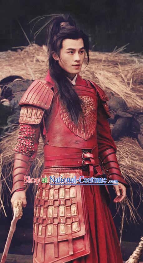 Drama Hero Dream Chinese Ancient Han Dynasty General Han Xin Red Armor Costume and Headpiece Complete Set