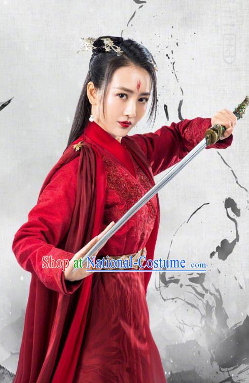 Chinese Ancient Female Swordsman Yu Wei Red Dress Historical Drama The Legend of Jade Sword Costume and Headpiece for Women