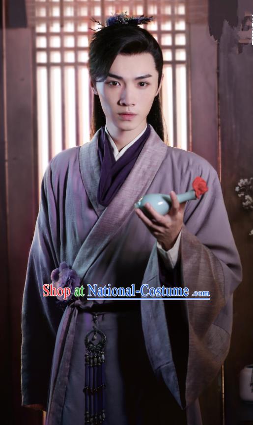 Chinese Ancient Swordsman Purple Clothing and Hairdo Crown Drama the Birth of the Dream King Physician Yan Costumes