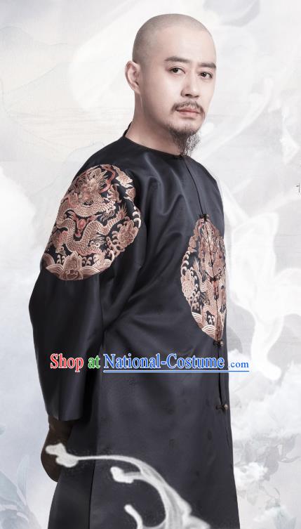 Chinese Ancient Manchu Apparels Emperor Kangxi Costumes Garment Drama Dreaming Back to the Qing Dynasty Aisin Gioro Xuan Ye Black Gown