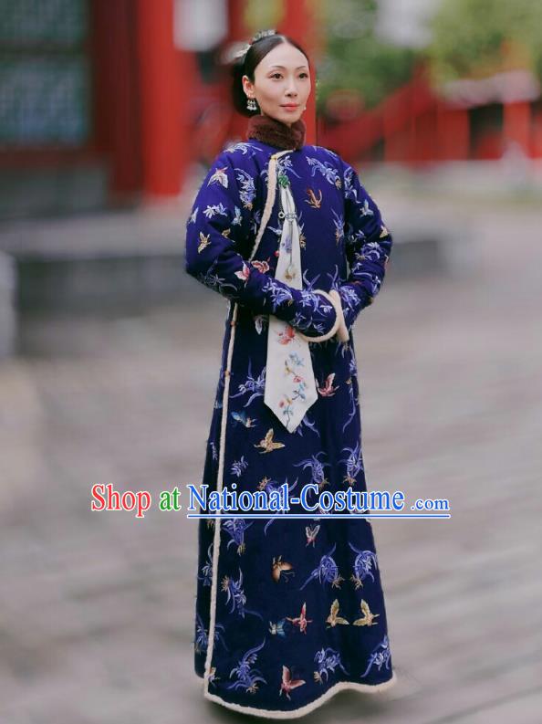 Chinese Ancient Royal Dame Garment Court Manchu Blue Qipao Dress and Headpieces Drama Dreaming Back to the Qing Dynasty Fourth Rani Apparels Costumes