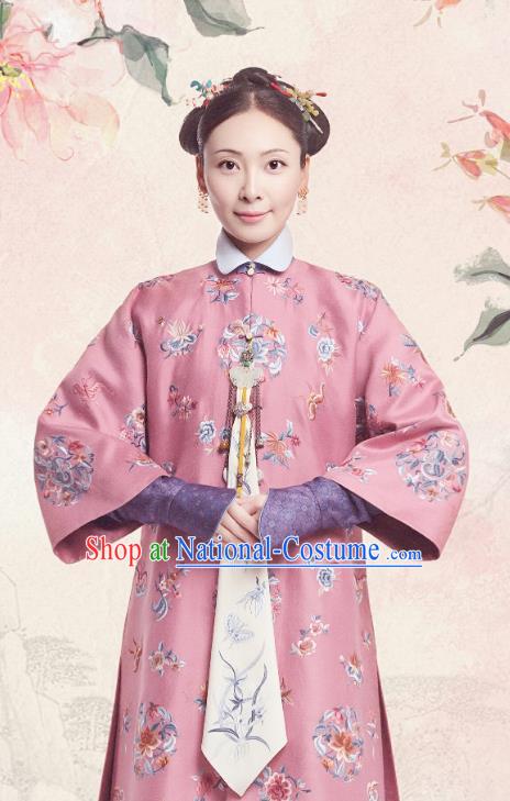 Chinese Ancient Royal Dame Garment Court Manchu Pink Qipao Dress and Headpieces Drama Dreaming Back to the Qing Dynasty Fourth Princess Consort Apparels Costumes