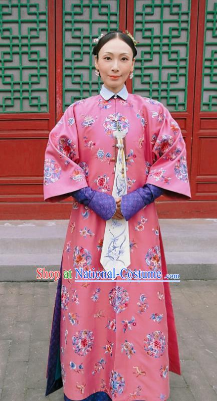 Chinese Ancient Royal Dame Garment Court Manchu Pink Qipao Dress and Headpieces Drama Dreaming Back to the Qing Dynasty Fourth Princess Consort Apparels Costumes