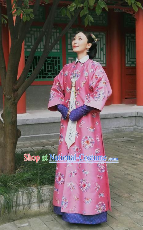 Chinese Ancient Royal Dame Garment Court Manchu Pink Qipao Dress and Headpieces Drama Dreaming Back to the Qing Dynasty Fourth Princess Consort Apparels Costumes