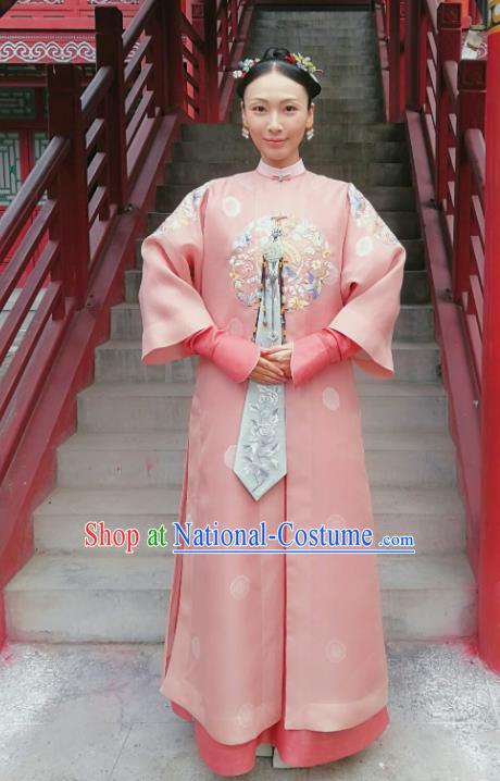 Chinese Ancient Royal Rani Garment Court Manchu Pink Qipao Dress and Headpieces Drama Dreaming Back to the Qing Dynasty Fourth Princess Consort Apparels Costumes