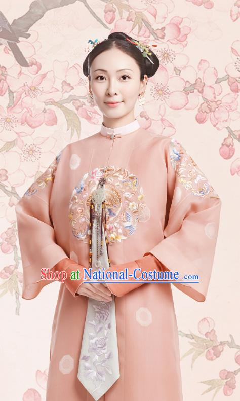 Chinese Ancient Royal Rani Garment Court Manchu Pink Qipao Dress and Headpieces Drama Dreaming Back to the Qing Dynasty Fourth Princess Consort Apparels Costumes