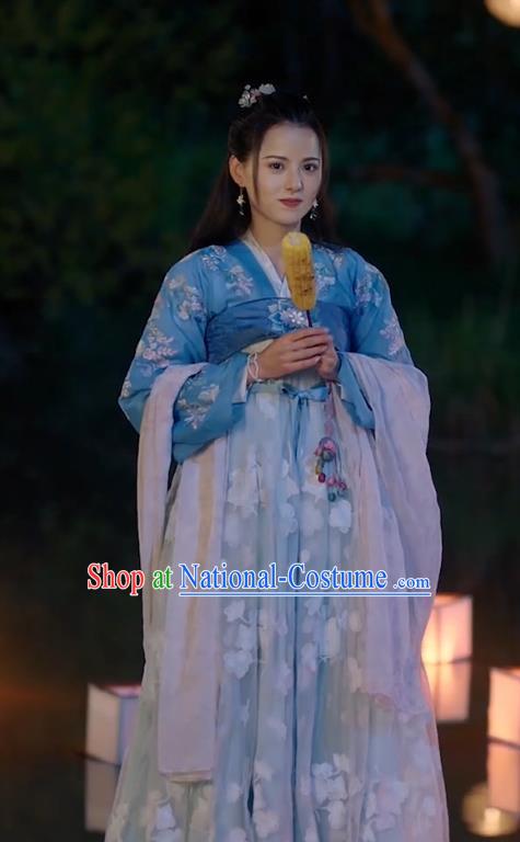 Chinese Ancient Princess Apparels Garment Blue Hanfu Dress Drama To Get Her Rani Lin Zhengzheng Costumes and Headwear