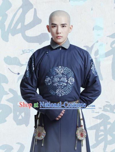 Chinese Ancient Thirteen Prince Garment Manchu Costumes Drama Dreaming Back to the Qing Dynasty Aisin Gioro Yinxiang Navy Gown Apparels