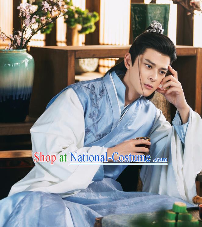 Chinese Ancient Dragon Prince Blue Garment Drama Sansheng Sanshi Pillow Eternal Love of Dream Su Moye Costumes and Hairdo Crown