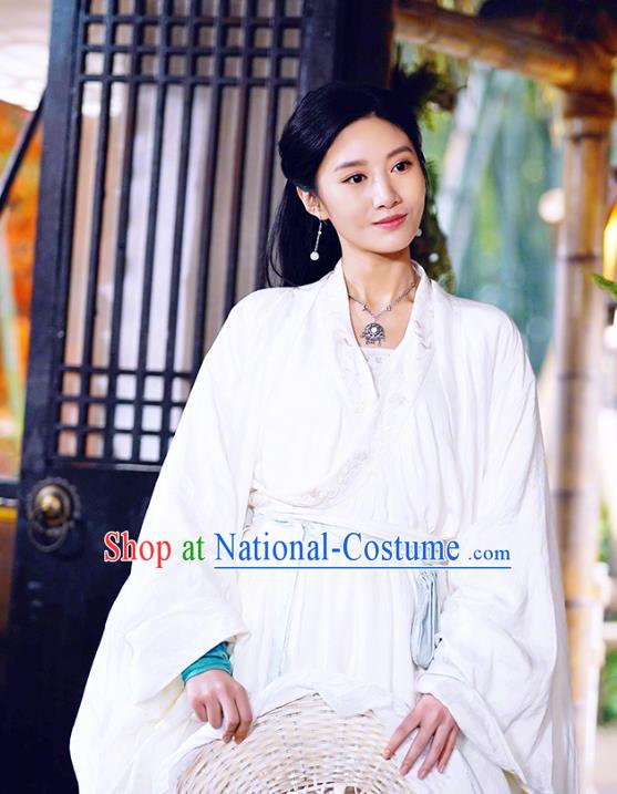 Chinese Ancient White Apparels Garment Costumes and Headwear Wuxia Drama The Lost Swordship Swordswoman Sun Min Dress