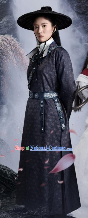 Chinese Ancient Female Swordsman Apparels Garment Costumes and Hat Wuxia Drama The Lost Swordship Heroine Sun Min Black Dress