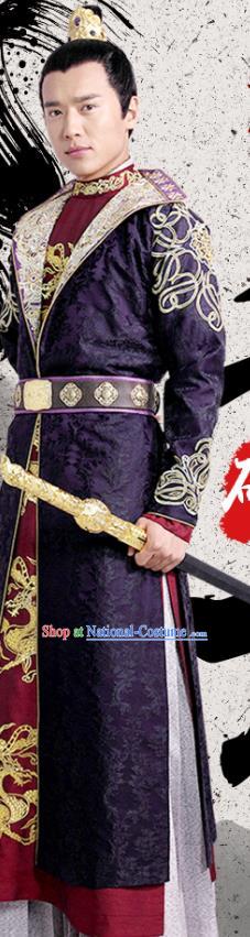 Chinese Ancient Royal Prince Hanfu Imperial Robe and Hairdo Crown Drama The World of Love Swordsman Zongzheng Fenglin Purple Costumes Apparels