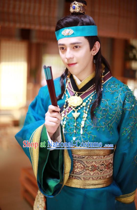 Chinese Ancient Song Dynasty Blue Garment Rich Childe Clothing and Headpieces Drama Kai Feng Qi Tan Merchant Pang Ji Apparels