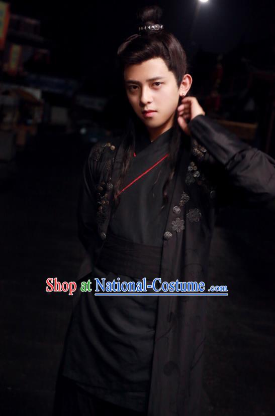 Chinese Ancient Song Dynasty Swordsman Black Garment Clothing and Headpieces Drama Kai Feng Qi Tan Merchant Pang Ji Apparels