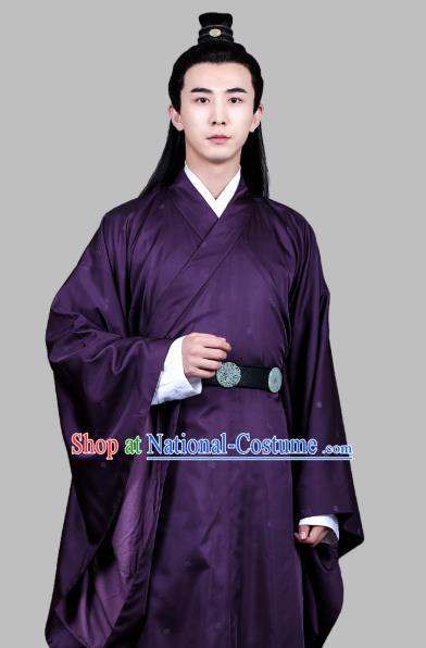 Chinese Ancient Song Dynasty Scholar Purple Robe Costumes and Hair Accessories Drama Kai Feng Qi Tan Bao Zheng Garment Apparels