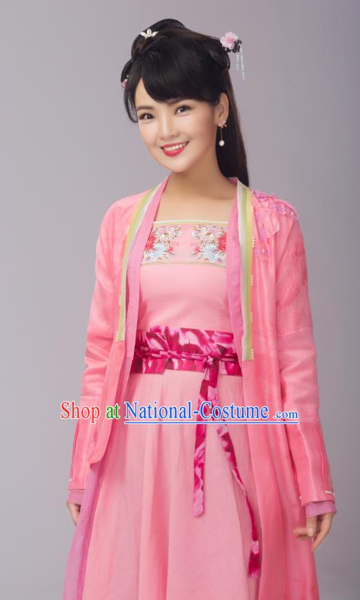 Chinese Ancient Female Cook Pink Dress Costumes and Headpieces Drama Earth Smoke Sparkle Kitchen Village Girl Hua Erqiao Apparels Garment