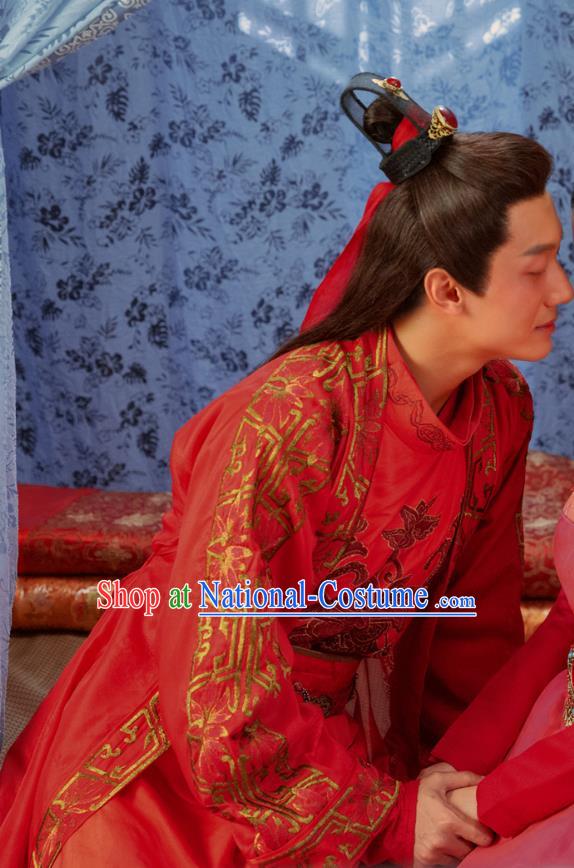 Chinese Ancient Swordsman Wedding Garment Clothing and Headpiece Drama Earth Smoke Sparkle Kitchen Meng Yuhuai Red Apparels