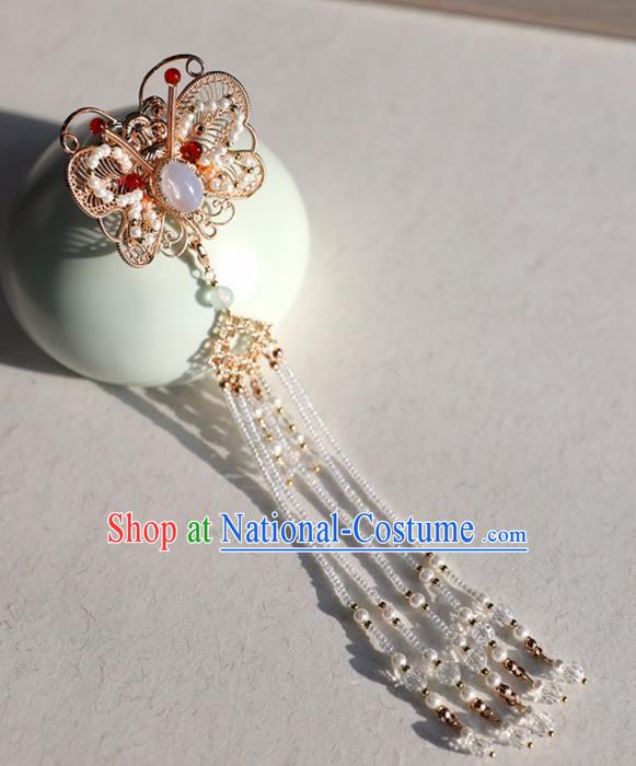 Chinese Ancient Golden Butterfly Hairpins Jewelry Headwear Hair Accessories Ming Dynasty Hanfu Beads Tassel Hair Clips for Women