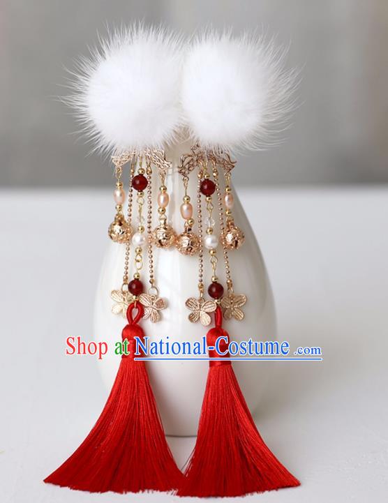 Chinese Ancient Hanfu White Venonat Hair Claws Hairpin Women Pearls Hair Accessories Red Tassel Hair Stick Headwear