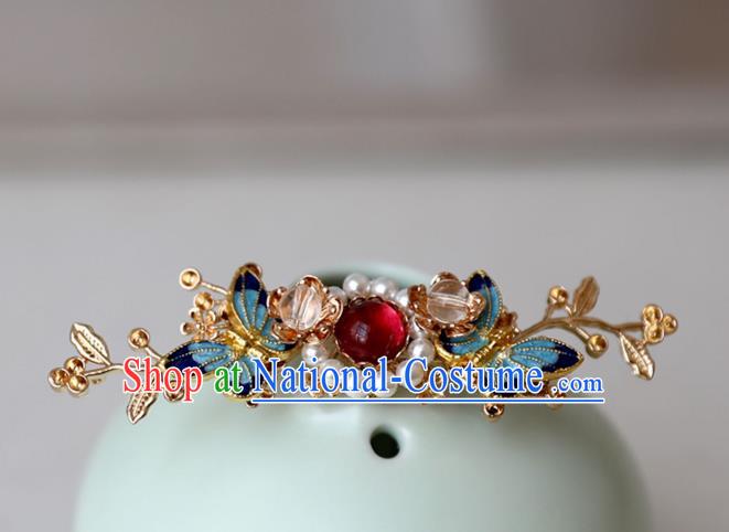 Chinese Ancient Hanfu Cloisonne Butterfly Hair Clip Women Headwear Hairpin Hair Accessories Pearls Hair Crown