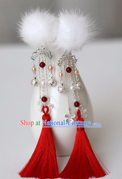 Chinese Ancient Hanfu White Venonat Pearls Hair Claws Hairpin Women Hair Accessories Red Tassel Hair Stick Headwear