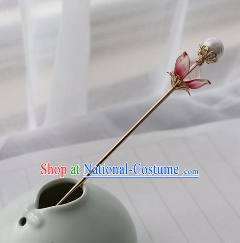 Chinese Ancient Women Red Flower Hair Clip Headwear Hanfu Hair Accessories Hairpin