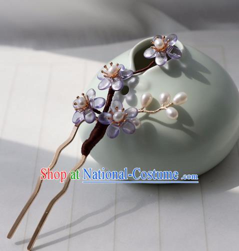 Chinese Ancient Women Purple Beads Plum Hairpin Headwear Hair Accessories Hanfu Hair Clip