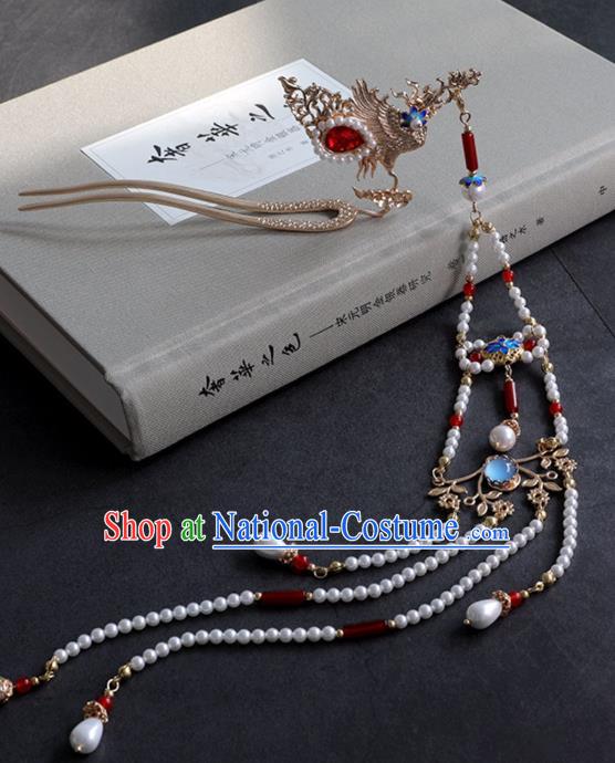 Chinese Ancient Hanfu Agate Beads Tassel Hair Clip Women Headwear Phoenix Hairpin Hair Accessories