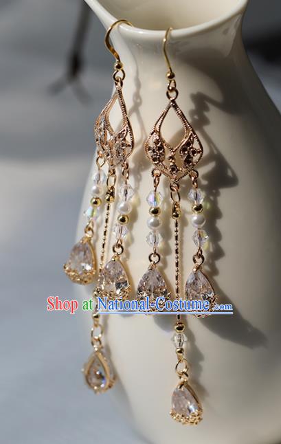 Chinese Ancient Hanfu Zircon Earrings Women Jewelry Golden Tassel Ear Accessories