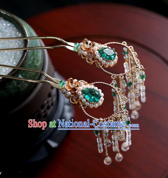 Chinese Ancient Green Crystal Hair Clips Headwear Women Hair Accessories Ming Dynasty Beads Tassel Hairpin