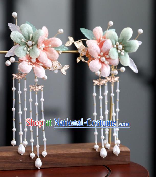 Chinese Ancient Pink Silk Flowers Hair Claws Ming Dynasty Headwear Women Hair Accessories Tassel Hair Stick Hairpin