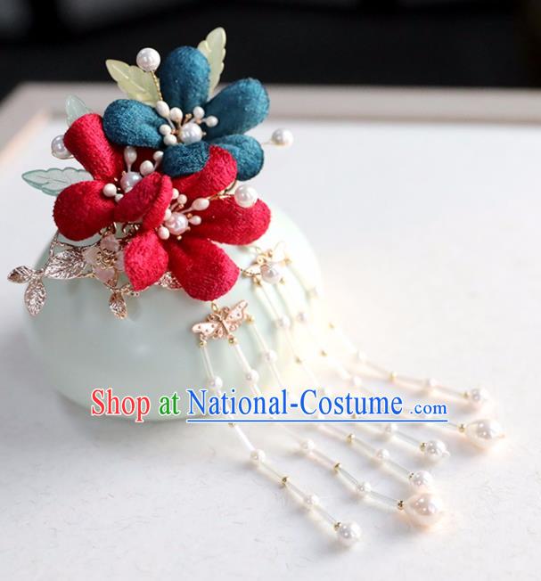 Chinese Ancient Red Silk Flowers Hair Claws Ming Dynasty Headwear Women Hair Accessories Tassel Hair Stick Hairpin