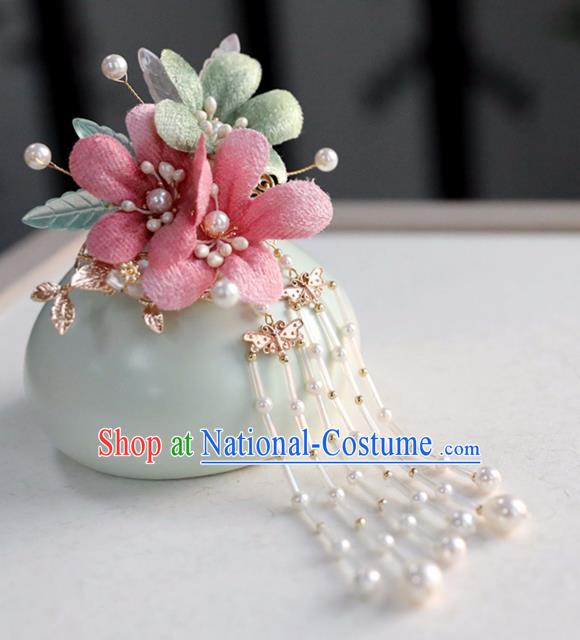 Chinese Ancient Rosy Silk Flowers Hair Claws Ming Dynasty Headwear Women Hair Accessories Tassel Hair Stick Hairpin