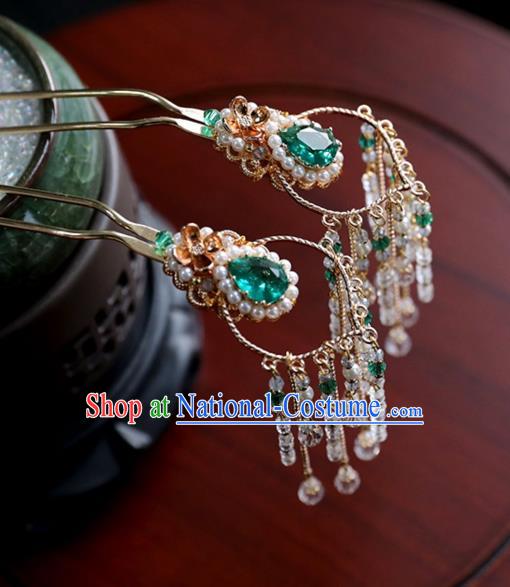 Chinese Ancient Princess Green Hair Clips Ming Dynasty Headwear Women Hair Accessories Tassel Hairpins