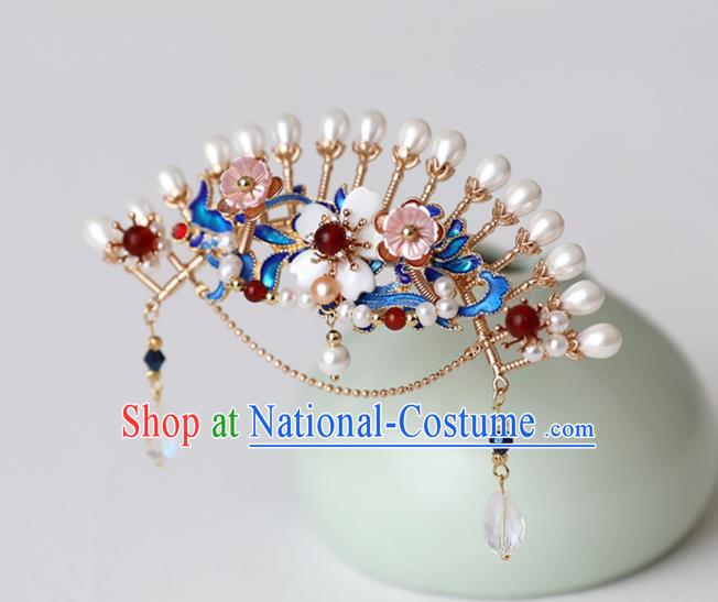 Chinese Ancient Pearls Hair Crown Headwear Women Hair Accessories Ming Dynasty Court Cloisonne Hairpin