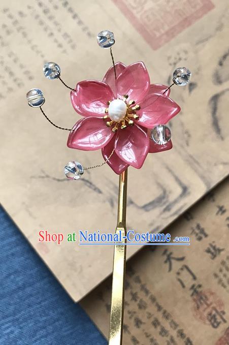 Chinese Ancient Women Pink Lotus Hair Clip Handmade Hanfu Hair Accessories Golden Hairpin Headwear