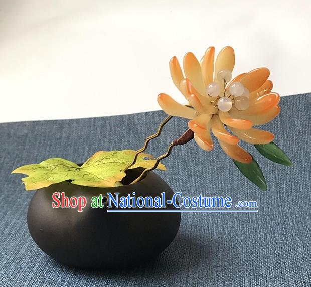 Chinese Ancient Women Orange Chrysanthemum Hair Clip Handmade Headwear Hanfu Hair Accessories Hairpin