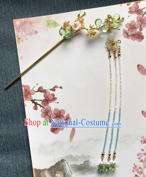 Chinese Ancient Women Green Tassel Hair Clip Handmade Golden Hairpin Headwear Hanfu Hair Accessories