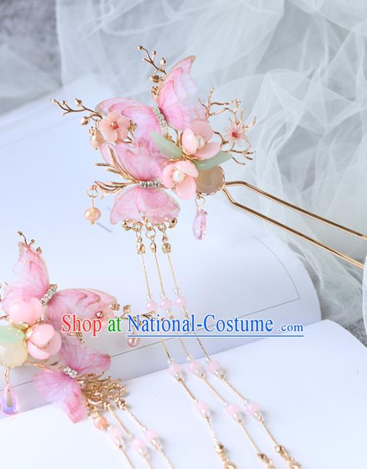 Chinese Ancient Hair Clips Hanfu Hair Accessories Women Pink Silk Butterfly Hairpin Headwear