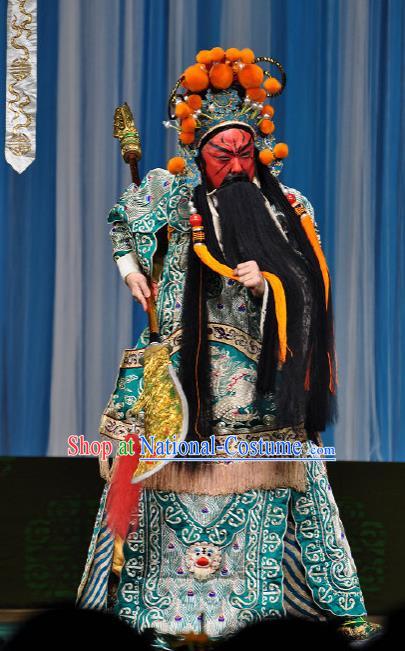 Chinese Peking Opera General Apparel Costumes The Huarong Path Minister Guan Yu Garment Kao Armor Suit and Helmet