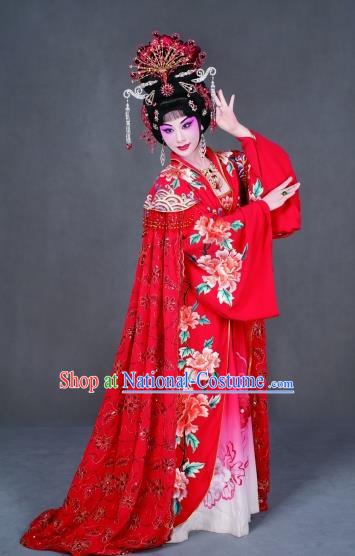 Chinese Peking Opera Diva Garment Costumes the Royal Consort of Tang Apparel Hua Tan Lady Yang Red Dress and Headwear