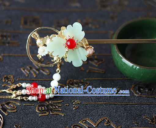 Chinese Ancient Hanfu Green Flower Hair Accessories Women Hairpin Headwear Tassel Hair Clip