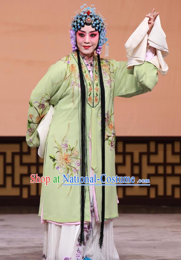 Traditional Chinese Peking Opera Young Lady Green Cape Dress Apparel The Dream in Lady Chamber Diva Costumes Garment and Headwear