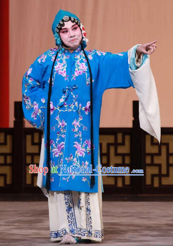 Traditional Chinese Peking Opera Blue Dress Apparel The Dream in Lady Chamber Costumes Young Female Garment and Headwear