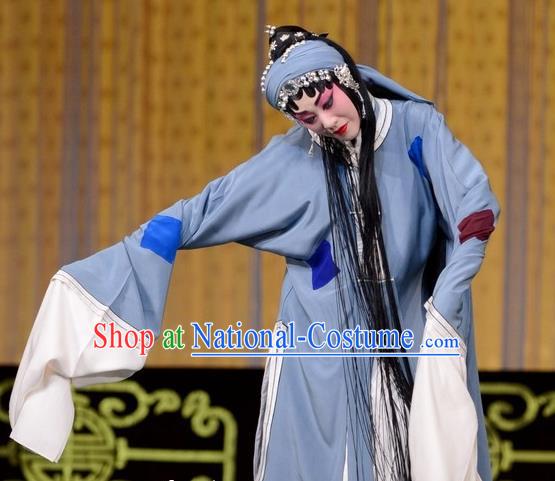 Traditional Chinese Peking Opera Tsing Yi Garment Dress San Niang Jiao Zi Poor Female Costumes and Headwear