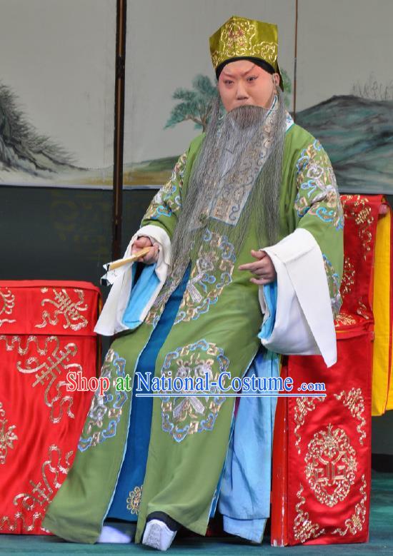 Chinese Beijing Opera Elderly Men Costumes Garment Peking Opera Return of the Phoenix Laosheng Landlord Green Apparels and Hat