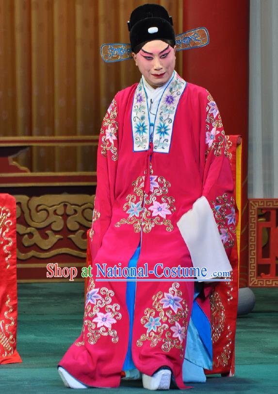 Chinese Beijing Opera Young Male Costumes Garment Peking Opera Return of the Phoenix Apparels Crown Prince Wedding Rosy Robe and Hat